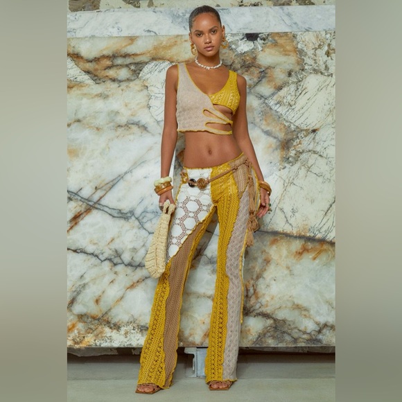 Jaded London Yellow White Crochet Knit Boho Bohemian Lace Low Rise Pants - Picture 3 of 12